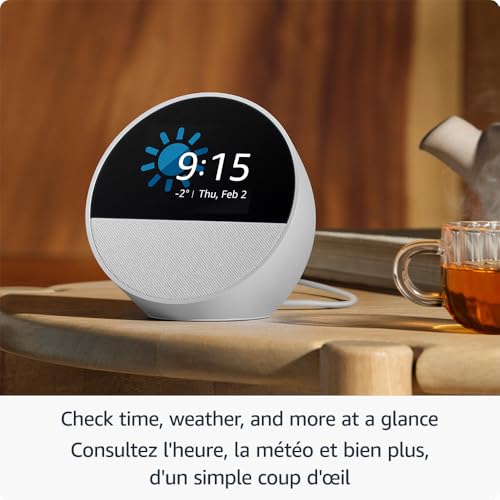Amazon Echo Spot (newest model), Great for nightstands, offices and kitchens, Smart alarm clock, Designed for Alexa+, Glacier White