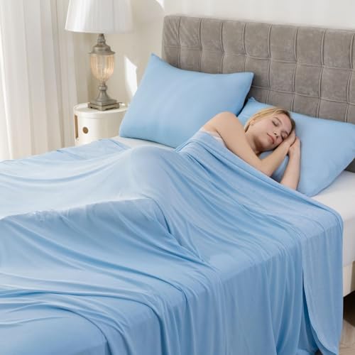 Syalife Cooling Blanket King Size for Hot Sleepers and Flashes, Ultra Thin Lightweight Summer Blankets with Q-Max 0.5 Arc-Chill Fiber, Double Sided (Blue, 108"x 90")
