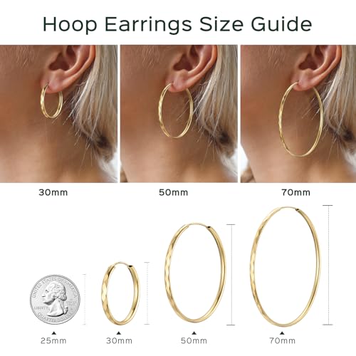 ChicSilver 14k Gold Plated Hoop Earrings for Women, 14k Gold Plated 925 Silver Hoop Earrings, Lightweight Diamond-cut Endless Huggie Earrings 30MM