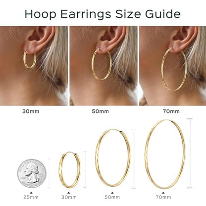 ChicSilver 14k Gold Plated Hoop Earrings for Women, 14k Gold Plated 925 Silver Hoop Earrings, Lightweight Diamond-cut Endless Huggie Earrings 30MM