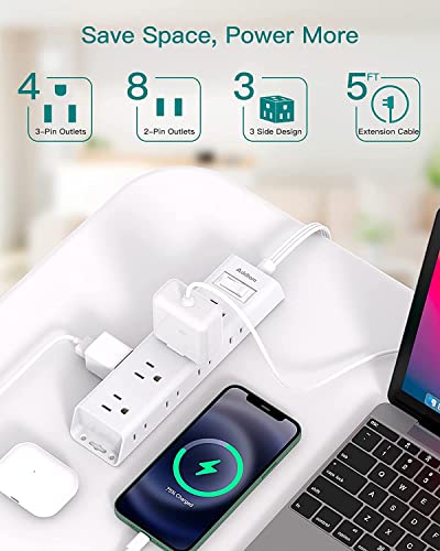 Addtam Flat Plug Power Bar, Ultra Thin Flat Extension Cord with 1050J Surge Protector, 12 Widely AC 3 Sides Multiple Outlets, 5Ft Wall Mount, Desk Charging Station for Home Office Dorm Room Essentials