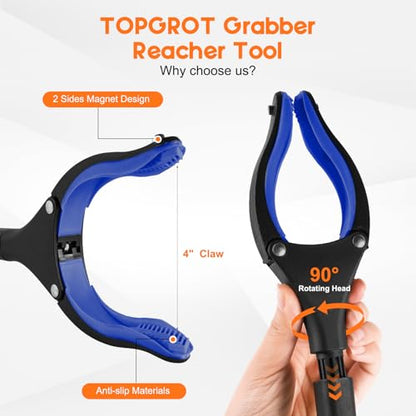 TOPGROT 32” Grabber Reacher Tool, 2-Pack Foldable Reacher Grabber Pickup Tool with 90° Rotating Jaw & Magnets, Trash Picker Upper Grabber, Lightweight Grabbers for Seniors Heavy Duty