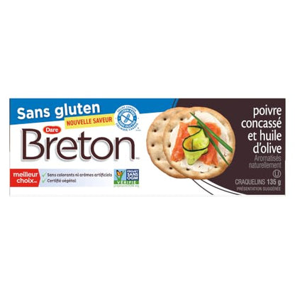 Breton Gluten Free Cracked Pepper & Olive Oil Crackers - Light, Crispy, Plant-Based, Made with Real Vegetables, For Snacking, Dips, Cheese and Spreads, 135g
