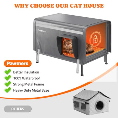 Pawtners 26'' XL Heated Outdoor Cat House for Outside Feral Cats Winter | All Metal Frame Insulated Weatherproof Cat Shelter with Heated Pad, Elevated Feet & Escape Door, Warm Kitty Stray Cat House