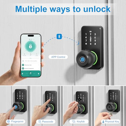 Smart Door Lock Knob Keyless Entry Door Lock Fingerprint Keypad | Touchscreen Keypad, Electronic Digital Code for Front Door, App Remote Control, Easy Installation, Smart Home