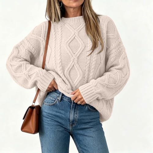 Sueter Tejidos para Mujer, Long Sleeve Cable Knit Pullover Sweaters Beige