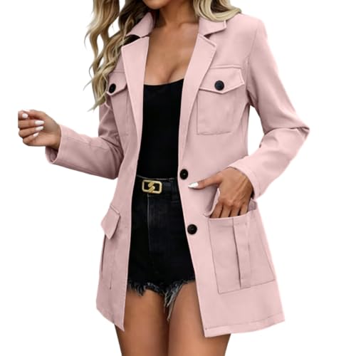 Womens Fall Jacket Women Notched Lapel Trench Coat Single Breasted Jacket Long Sleeve Casual Fall Winter Outerwear With Multi Pockets Pink Medium