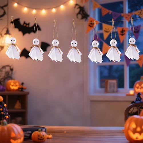 8 Pcs Halloween Ghost Hanging Ornaments- 4 Inch Hanging Ghosts Rustic Farmhouse White Cloth Ghosts Hanging Decoration for Haunted House Party Yard Tree Decor