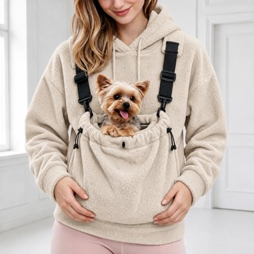 Dog Pouch Sweater Womens Pet Carrier Hoodie 2026 Fall Winter Fleece Sweatshirt Long Sleeve Pullover with Pet Pouch Pocket for Cat Dog Khaki X-Large
