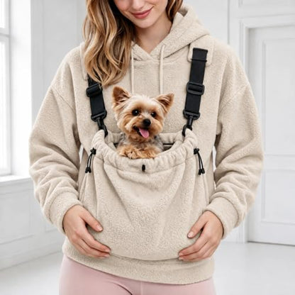 Dog Pouch Sweater Womens Pet Carrier Hoodie 2026 Fall Winter Fleece Sweatshirt Long Sleeve Pullover with Pet Pouch Pocket for Cat Dog Khaki X-Large