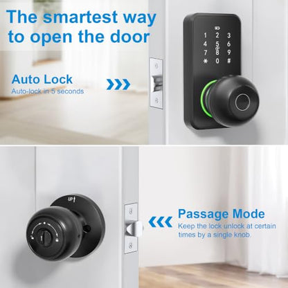 Smart Door Lock Knob Keyless Entry Door Lock Fingerprint Keypad | Touchscreen Keypad, Electronic Digital Code for Front Door, App Remote Control, Easy Installation, Smart Home