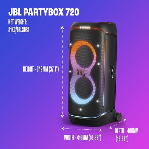 JBL PartyBox 720 - Loudest Battery-Powered Party Speaker with Superior Pro Sound and a Futuristic lightshow, Up to 15 Hours Playtime & IPX4 Splash Proof (Black)