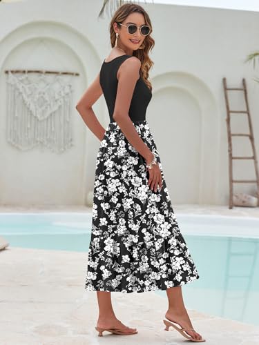 WNEEDU Boho Dresses for Women V Neck Beach Dress Black White Flower L
