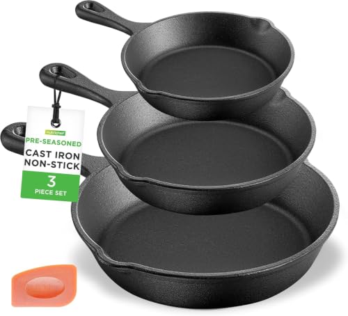 NutriChef Pre-Seasoned Cast Iron Skillet Pans - 3 Pieces Kitchen Frying Pan Nonstick Cookware Set w/Drip Spout - Includes Scraper - Electric Stovetop, Induction, Gas Range, Ceramic
