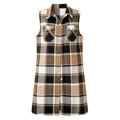 Manteau Automne Femme, Womens Long Plaid Vest Fall Jackets Flannel Khaki