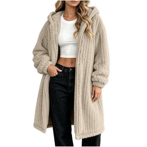 Generic Veste Polaire Femme, Women Warm Open Front Hooded Sherpa Jacket