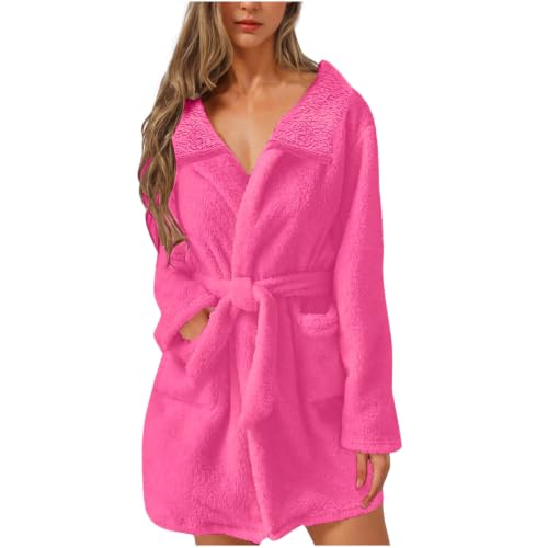 Womens Plush Robes Solid Short Bathrobe with Pockets and Belt