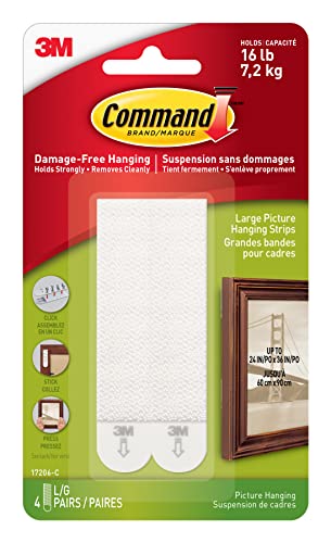 Command Large Picture Hanging Strips, Damage Free Hanging Picture Hangers, Wall Hanging Strips for Back to School Dorm Organization, 4 White Adhesive Strip Pairs(8 Command Strips)
