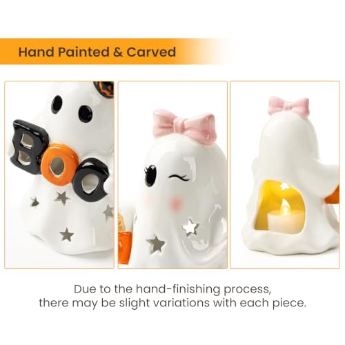 AELS Ceramic Ghost Candle Holder Set of 2, Cute Boo Ghost Tea Light Holders with Pumpkin, Spooky Tabletop Halloween Decorations for Home Party Decor, Figurines, White