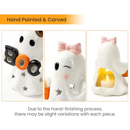 AELS Ceramic Ghost Candle Holder Set of 2, Cute Boo Ghost Tea Light Holders with Pumpkin, Spooky Tabletop Halloween Decorations for Home Party Decor, Figurines, White