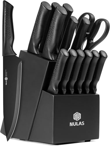 Knife Set, 15 Piece Kitchen Set with Block, Self Sharpening, Dishwasher Safe, 6 Steak Knives, Anti-Slip Handle, Black
