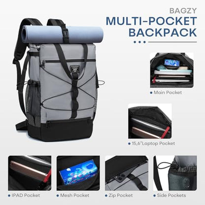 BAGZY 17x13x6 inch Personal Item Bag 40x30x15cm Under Seat Travel Backpack Rolltop Laptop Backpack Carry on Bag for Work,Travel,Weekend,Casual Caki