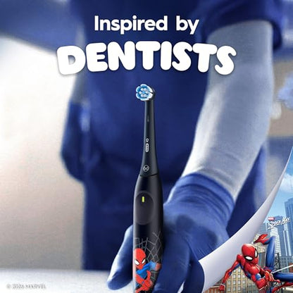 Oral-B iO Kids Rechargeable Electric Powered Toothbrush, Spiderman with 1 Gentle Care Brush Head - Automatic Pressure Sensor to Protect Gums - 3 Cleaning Settings - 2 Min Music Timer - 28 Day Battery Life