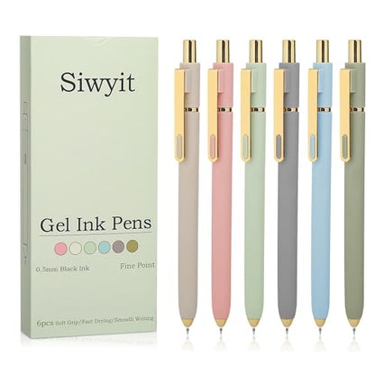 Siwyit Gel Pens 6 Pcs, 0.5mm Quick Dry Black Ink Pens Fine Point Smooth Writing Pens,Retractable Pens for Journaling Note Taking,Stylo Gel Gift for Women (Morandi-6PC)