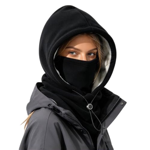 One-Piece Polar Fleece Warm Mask Hat, 3 In 1 Thermal Winter Cap | Sherpa Double Layer Integrated Hat Windproof Cycling Motorcycle Balaclava With Adjustable Drawstring Warm Face Covering