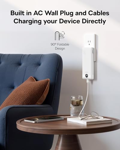 VEGER Portable Charger, 10000mAh Power Bank with Built-in Cables&Wall Plug
