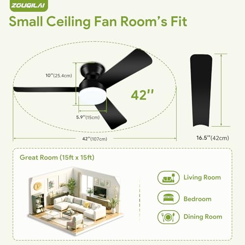 ZOUQILAI 42" Black Ceiling Fans with Lights and Remote, Low Profile Ceiling Fan with Light, Reversible DC Motors, 3CCT Dimmable Timer Noiseless, Flush Mount Ceiling Fan for Bedroom/Living Room