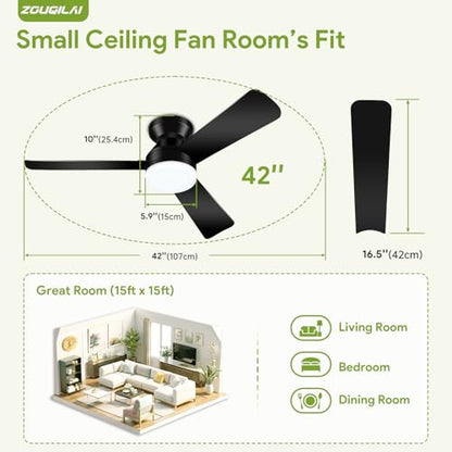 ZOUQILAI 42" Black Ceiling Fans with Lights and Remote, Low Profile Ceiling Fan with Light, Reversible DC Motors, 3CCT Dimmable Timer Noiseless, Flush Mount Ceiling Fan for Bedroom/Living Room