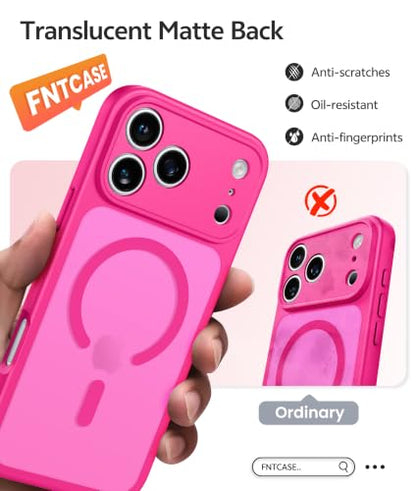 FNTCASE for iPhone 18 Pro Max Case/ iPhone 17 Pro Max Case, Fit for Magsafe | Screen Protector, Full Camera Protection, Translucent Matte, 14FT Military Grade Drop Proof, Shockproof Cover, Hot Pink