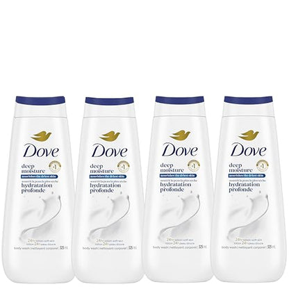 Dove Deep Moisture Body Wash 24H Freshness, 325mL, 4-Pack | Renewing MicroMoisture, plant-based moisturizers, paraben-free, sulfate-free, daily body wash, 24H lotion-soft skin, 4-pack