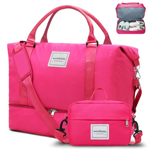 WOOMADA Weekender Overnight Bag for Women, Shoulder Travel Duffel with Shoes Compartment,Gym Bag with Toiletry Bag(Hot Pink)