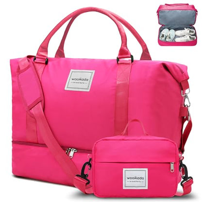 WOOMADA Weekender Overnight Bag for Women, Shoulder Travel Duffel with Shoes Compartment,Gym Bag with Toiletry Bag(Hot Pink)