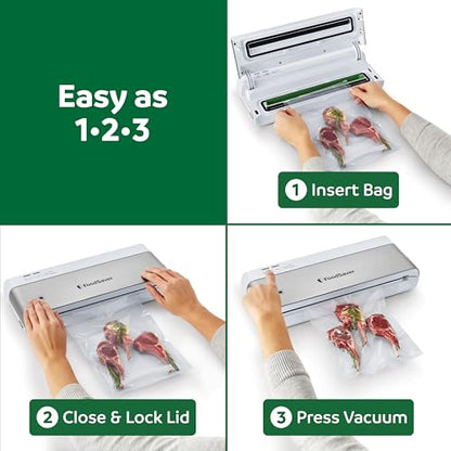 FoodSaver PowerVac Compact Vacuum Sealer Machine w/ Vertical Storage | 5 Airtight Vacuum Seal Bags & 1 Roll | VS0150 | Stainless Steel / Black