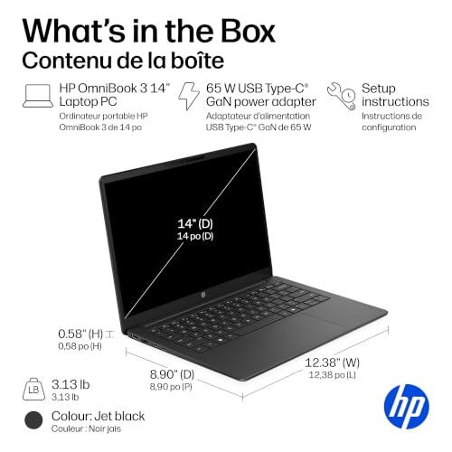 HP OmniBook 3 14 inch Laptop PC, 2K Display, AMD Ryzen 3 30, 8 GB RAM, 512 GB SSD, AMD Radeon 610M Graphics, Windows 11 Home, Jet Black, 14-hy0006ca