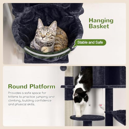 Globlazer Cat Trees and Towers for Multiple Adult Cats, 82-inch XXL Tall Cat Tree Tower for Indoor Cats with Scratching Post, 3 Perches, 2 Hanging Baskets, 2 Condos, Dark Grey, F82