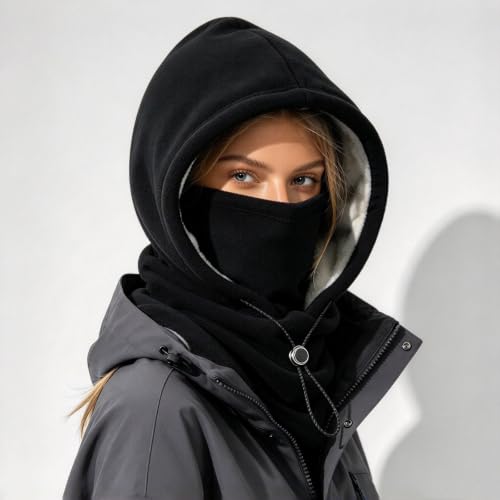 One-Piece Polar Fleece Warm Mask Hat, 3 In 1 Thermal Winter Cap | Sherpa Double Layer Integrated Hat Windproof Cycling Motorcycle Balaclava With Adjustable Drawstring Warm Face Covering