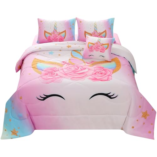 Parure de lit JQinHome Licorne Reine pour filles, 6 pièces, motif licorne colorée 3D, fleurs (1 couette, 2 taies d'oreiller, 1 drap plat, 1 drap-housse, 1 housse de coussin)