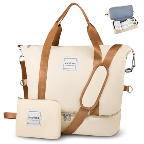 WOOMADA Weekender Bag for Women, Travel Duffel Bags with Shoe Compartment & Wet Pocket, Personal Item Bag for Airlines, Beige&Brown