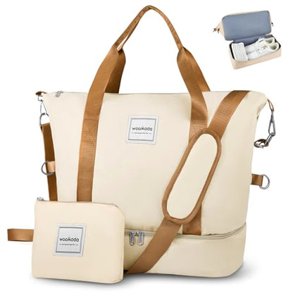 WOOMADA Weekender Bag for Women, Travel Duffel Bags with Shoe Compartment & Wet Pocket, Personal Item Bag for Airlines, Beige&Brown