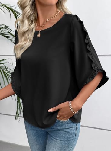 EVALESS 3/4 Length Sleeve Tops Business Casual Clothes Black Small