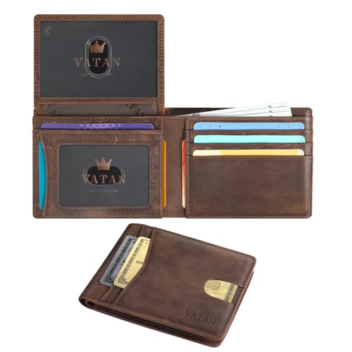 VATAN Wallet for Men Slim RFID Blocking Leather Credit Card Holder Wallet for 15 Cards, Bifold Minimalist Thin Wallet with 2 ID Windows & Cash Slot, with Gift Box (CH Coffee)