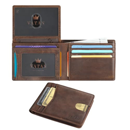 VATAN Wallet for Men Slim RFID Blocking Leather Credit Card Holder Wallet for 15 Cards, Bifold Minimalist Thin Wallet with 2 ID Windows & Cash Slot, with Gift Box (CH Coffee)