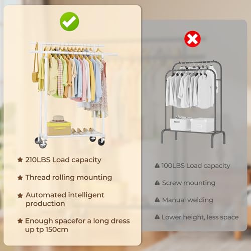HYSEYY Double Rods Clothes Rack, Rolling Clothing Rack, Metal Garment Rack with 4 Lockable Wheels & Storage Shelf, Sturdy Coat Rack for Bedroom, Laundry, Living Room - 160H x 113W x 42D cm (White)