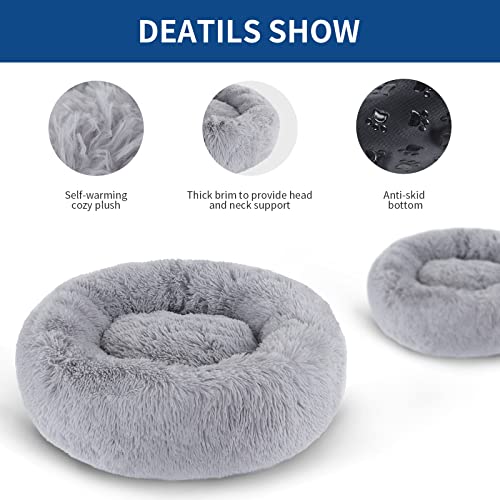 BVAGSS Small Dog Bed Cat Bed Calming Plush Pet Bed Soft Washable Anti Anxiety Round Donut Cuddler Fluffy Puppy Bed for Puppy & Kitten JA037 (20 inch, Light Grey)