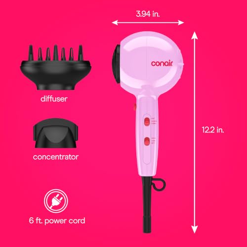 Conair Cake Pop Blowout Kit, Hair Dryer with Diffuser & Concentrator, Round Brush, 3 Claw Clips, Blow Dryer for Women, Tourmaline Ceramic Technology, 3 Heat/2 Speeds, Lilac, 505AMZ