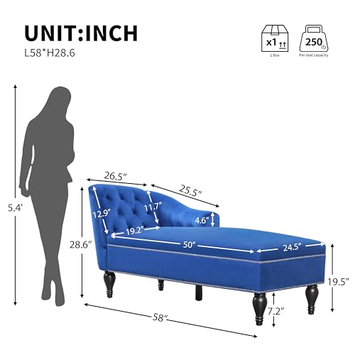 Merax 58'' Velvet Chaise Lounge, Button Tufted Right Arm Facing Lounge Chair with Nailhead Trim & Solid Wood Legs, Sleeper Lounge Sofa for Living Room, Bedroom, Office (Blue)
